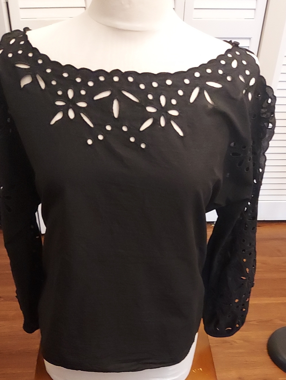 Marc Cain Black Laser-Cut Floral Long Sleeve Top